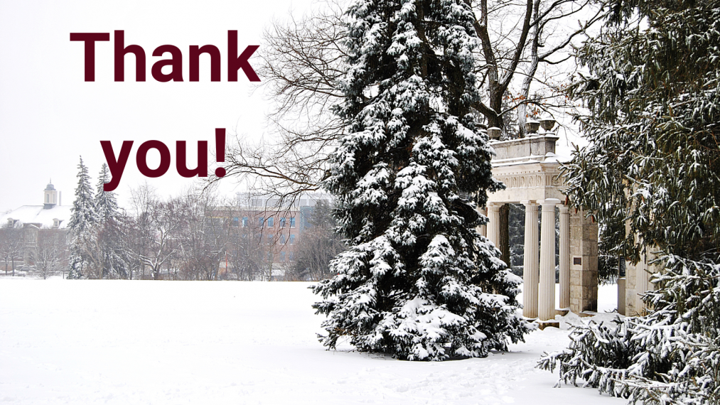 Thank you! on snowy campus background
